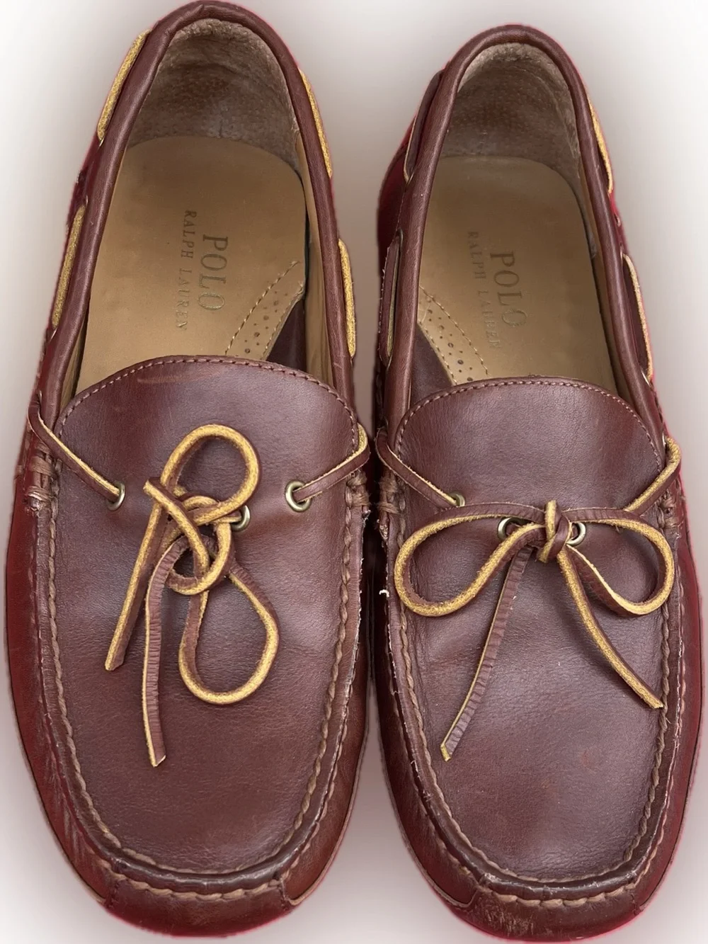 Polo Ralph Lauren Men's Brown Leather Boat Shoes Lace-Up Round Toe Rubber